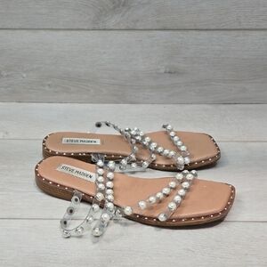 Steve Madden Women's Skyler Pearl Embellished Sandals Shoes Flats Sz 8